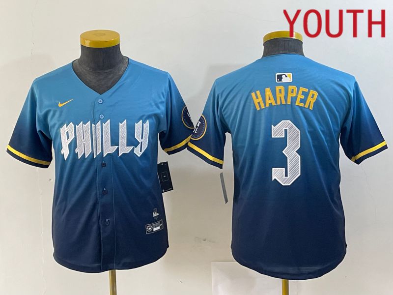 Youth Philadelphia Phillies 3 Bryce Harper Nike Blue 2024 City Connect Limited Player Jersey style 2